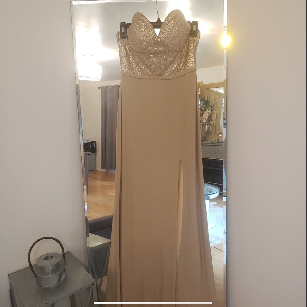 La Femme Strapless Sequin Tan Gown